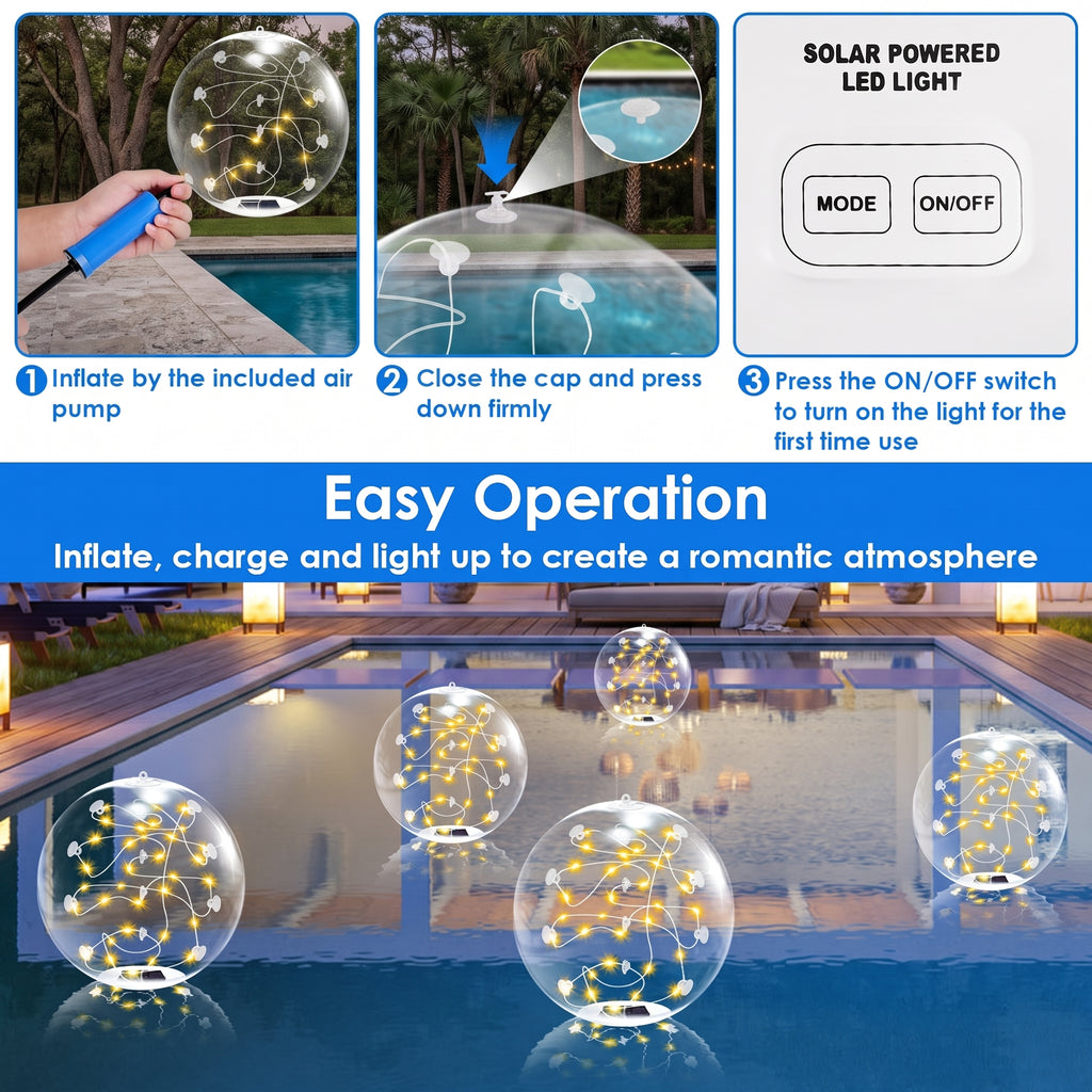 Solar powered LED light bubble inflatables shown in a pool setting with step-by-step instructions and feature highlights.