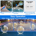 Solar powered LED light bubble inflatables shown in a pool setting with step-by-step instructions and feature highlights.