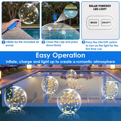 Solar powered LED light bubble inflatables shown in a pool setting with step-by-step instructions and feature highlights.