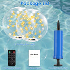 Package list graphic showing a floating pool light set with two clear spherical lights filled with warm yellow string lights, a blue manual air pump, a black remote control, and a user manual over a water-texture background.