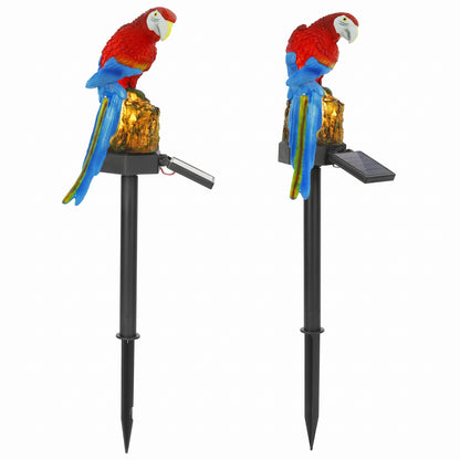 Two solar-powered parrot decorations on stakes with a white background