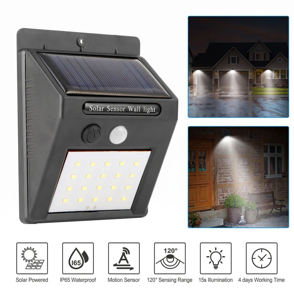 Solar-powered wall light with motion sensor, shown indoors and outdoors.
