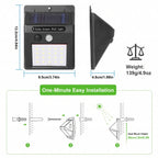 Solar sensor wall light shown in three views: front, side, and a simplified installation diagram below with labeled steps and mounting instructions. The product is black with a small blue solar panel and white LED panel area.