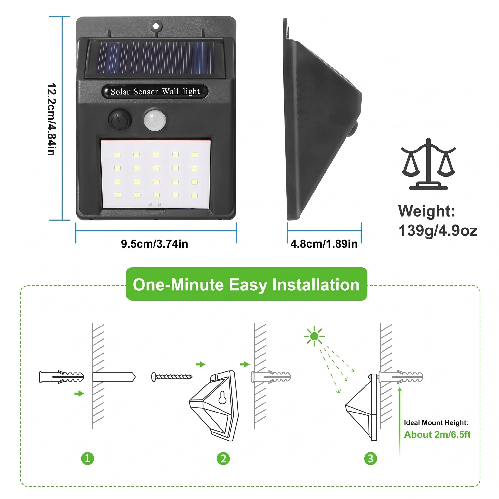 Solar sensor wall light shown in three views: front, side, and a simplified installation diagram below with labeled steps and mounting instructions. The product is black with a small blue solar panel and white LED panel area.