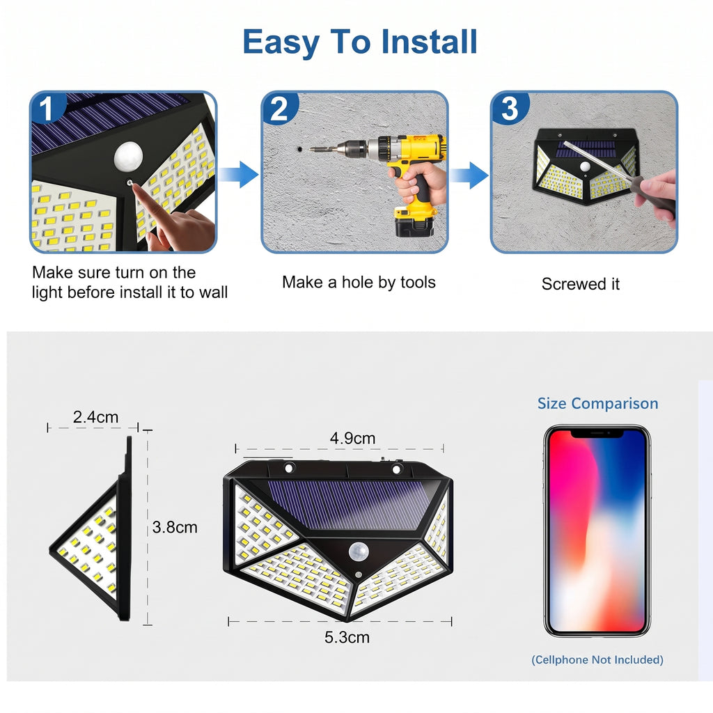 Instructional graphic showing how to install a solar-powered wall light, with three numbered steps at the top and a dimension diagram below showing the product measurements. The image includes a size comparison note and a phone graphic.