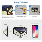 Instructional graphic showing how to install a solar-powered wall light, with three numbered steps at the top and a dimension diagram below showing the product measurements. The image includes a size comparison note and a phone graphic.