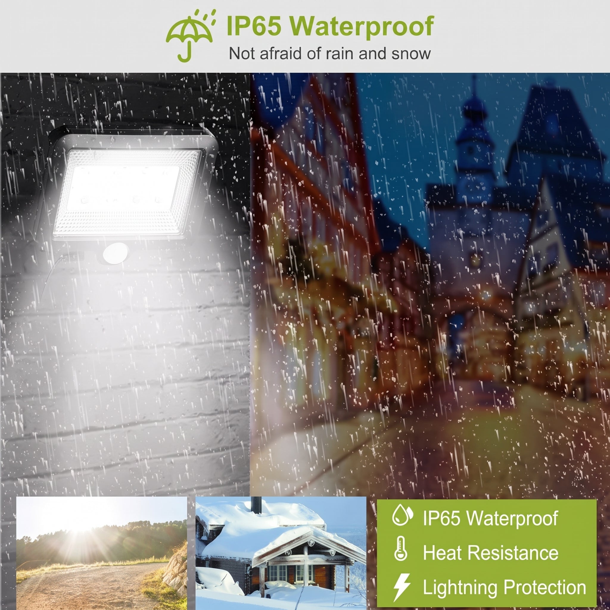 LED light bulb with IP65 waterproof feature, shown in various outdoor settings with rain and snow.