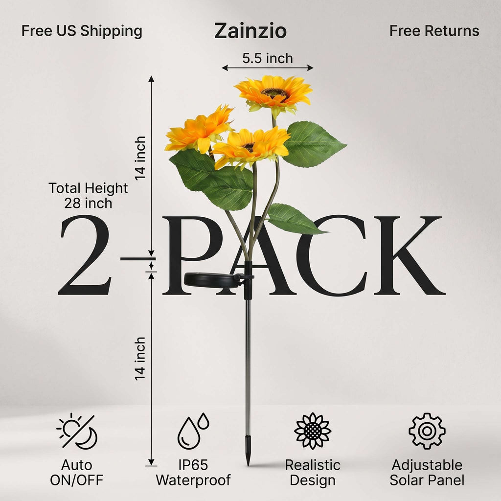 A 2-pack of Zainzio solar-powered artificial sunflower garden stakes with a total height of 28 inches. The graphic shows the flowers, the black stake, and various feature callouts including 'Free US Shipping', 'Free Returns', 'IP65 Waterproof', and 'Realistic Design' on a light gray background.
