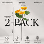 A 2-pack of Zainzio solar-powered artificial sunflower garden stakes with a total height of 28 inches. The graphic shows the flowers, the black stake, and various feature callouts including 'Free US Shipping', 'Free Returns', 'IP65 Waterproof', and 'Realistic Design' on a light gray background.