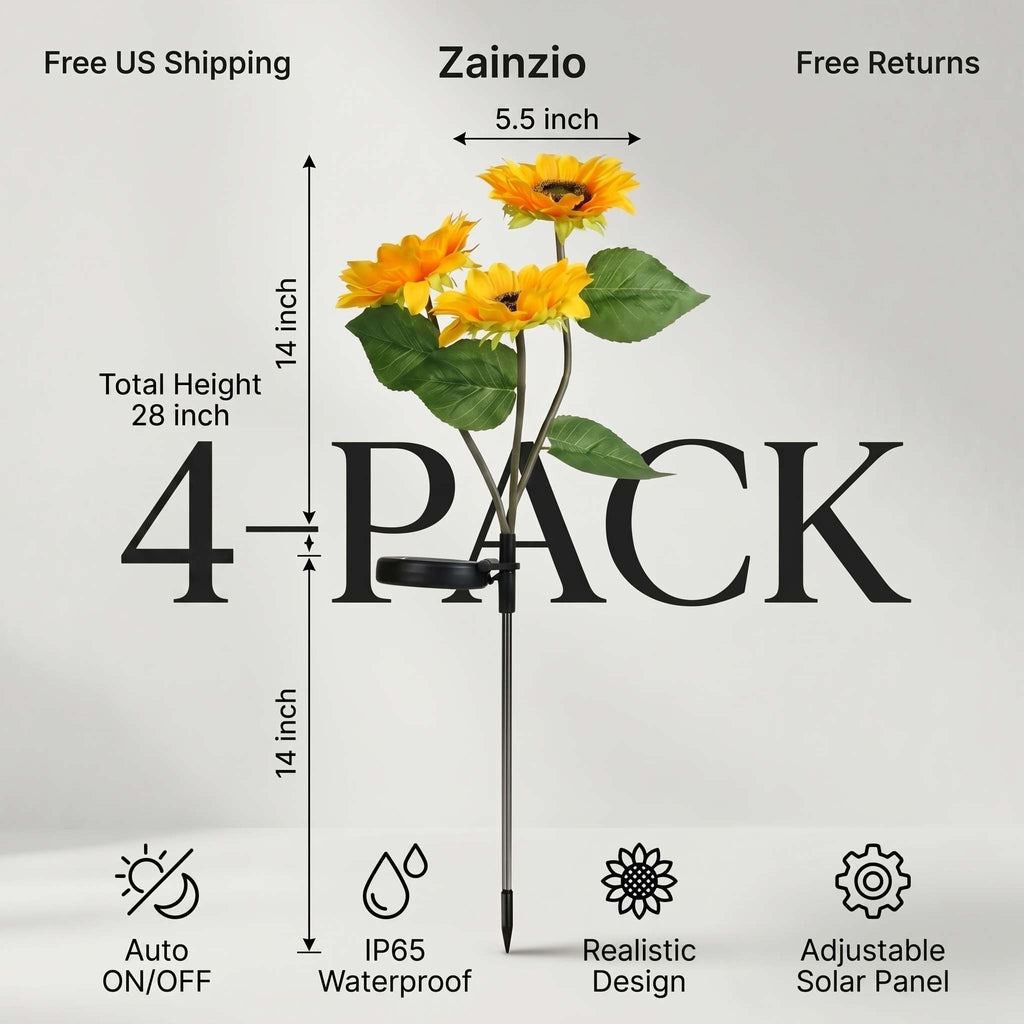 A 4-pack of Zainzio solar-powered sunflower garden stakes with dimensions and feature callouts on a light gray background.