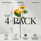 A 4-pack of Zainzio solar-powered sunflower garden stakes with dimensions and feature callouts on a light gray background.