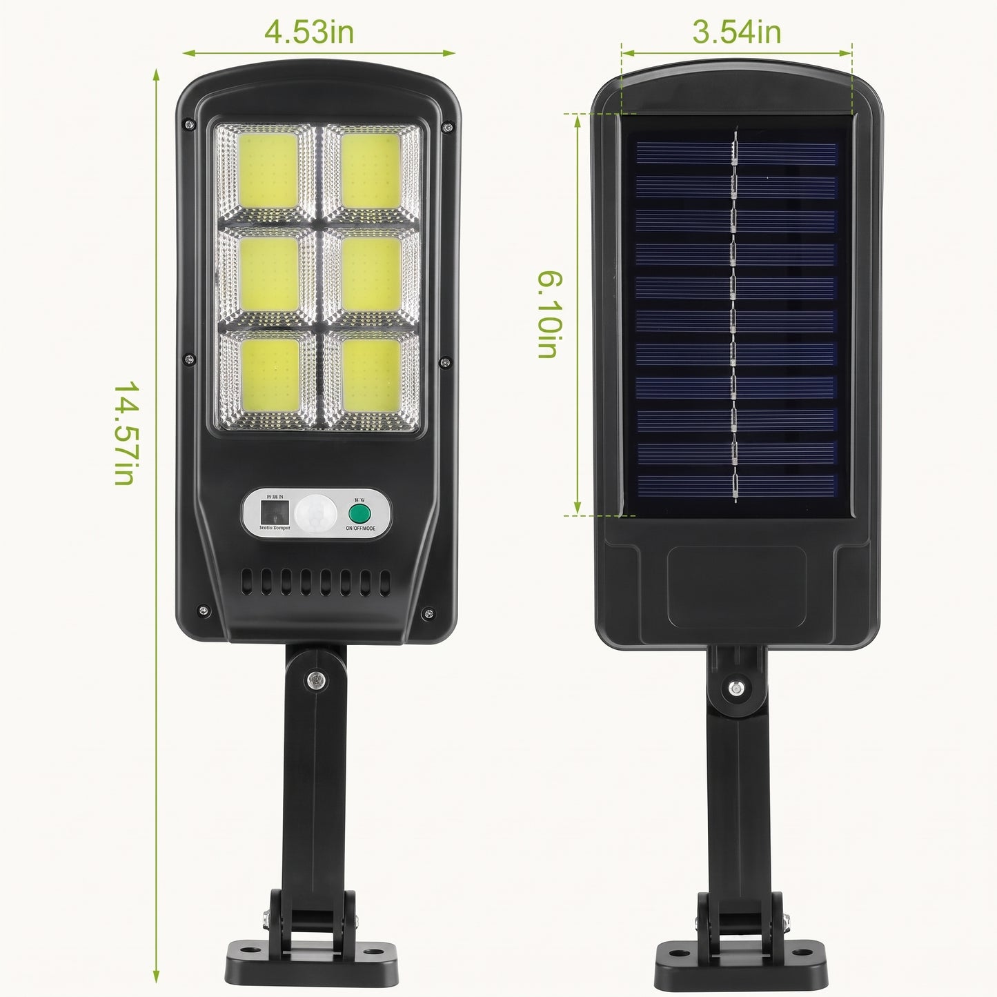 Two black solar-powered outdoor light fixtures shown side by side with dimension labels: one showing the front LED panel and one showing the solar panel side. Green measurement lines and text indicate widths and heights of 4.