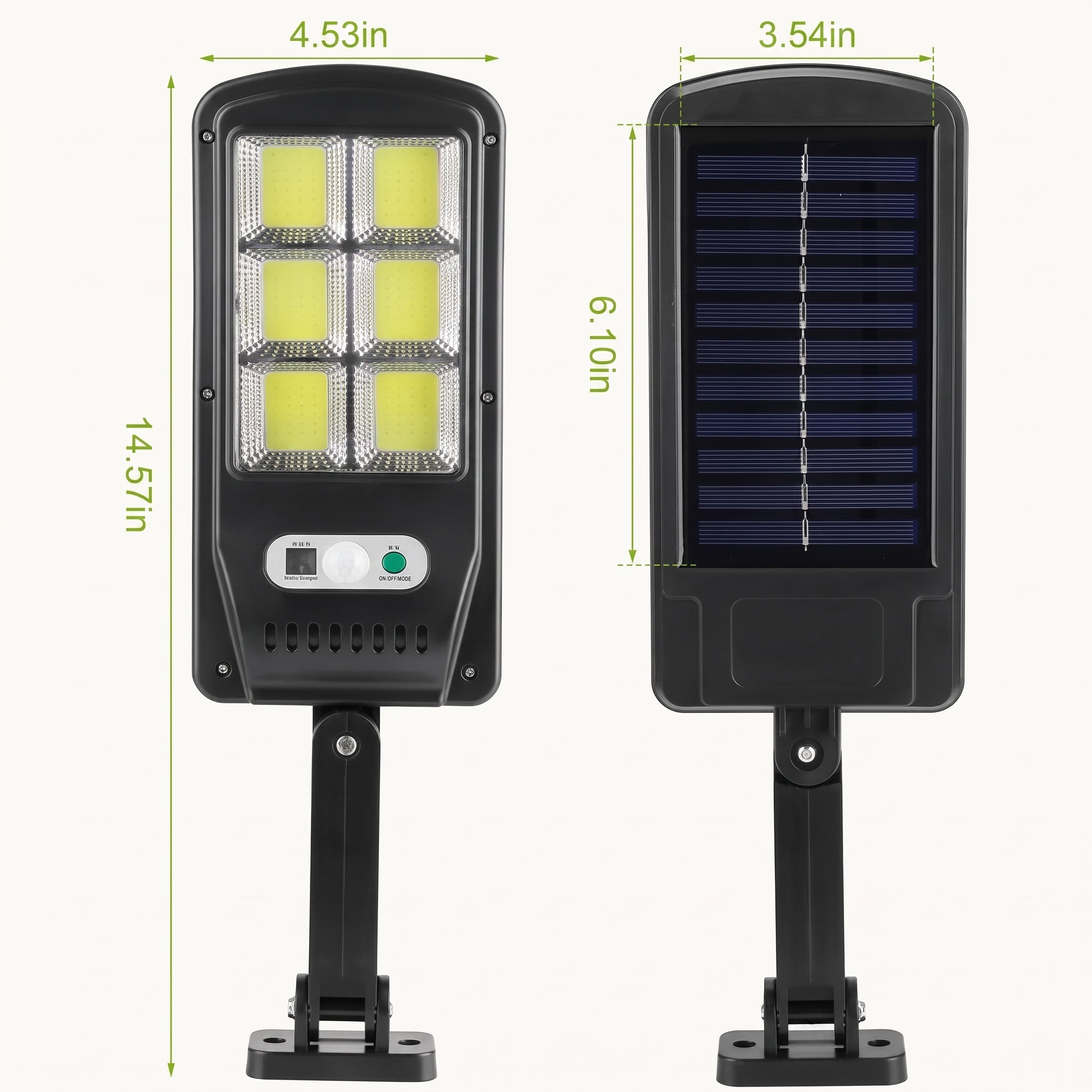 Two black solar-powered outdoor light fixtures shown side by side with dimension labels: one showing the front LED panel and one showing the solar panel side. Green measurement lines and text indicate widths and heights of 4.