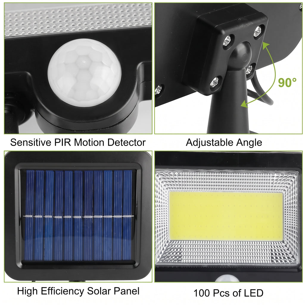 Solar light with motion detector, adjustable angle, high efficiency solar panel, and 100 LED lights.