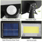 Solar light with motion detector, adjustable angle, high efficiency solar panel, and 100 LED lights.
