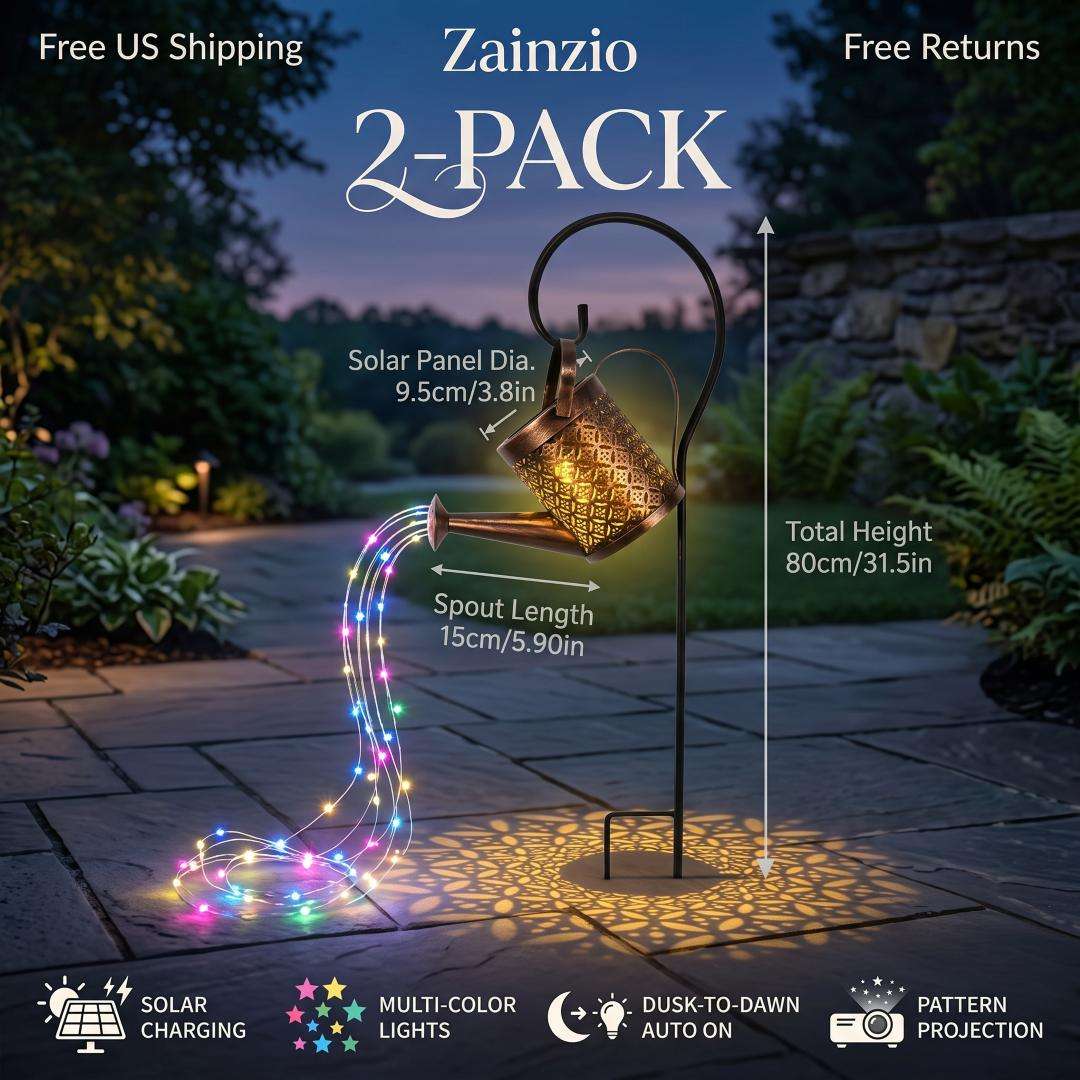 Zainzio solar watering can lights with multicolor LED cascade and copper-finish metal floral pattern projection.