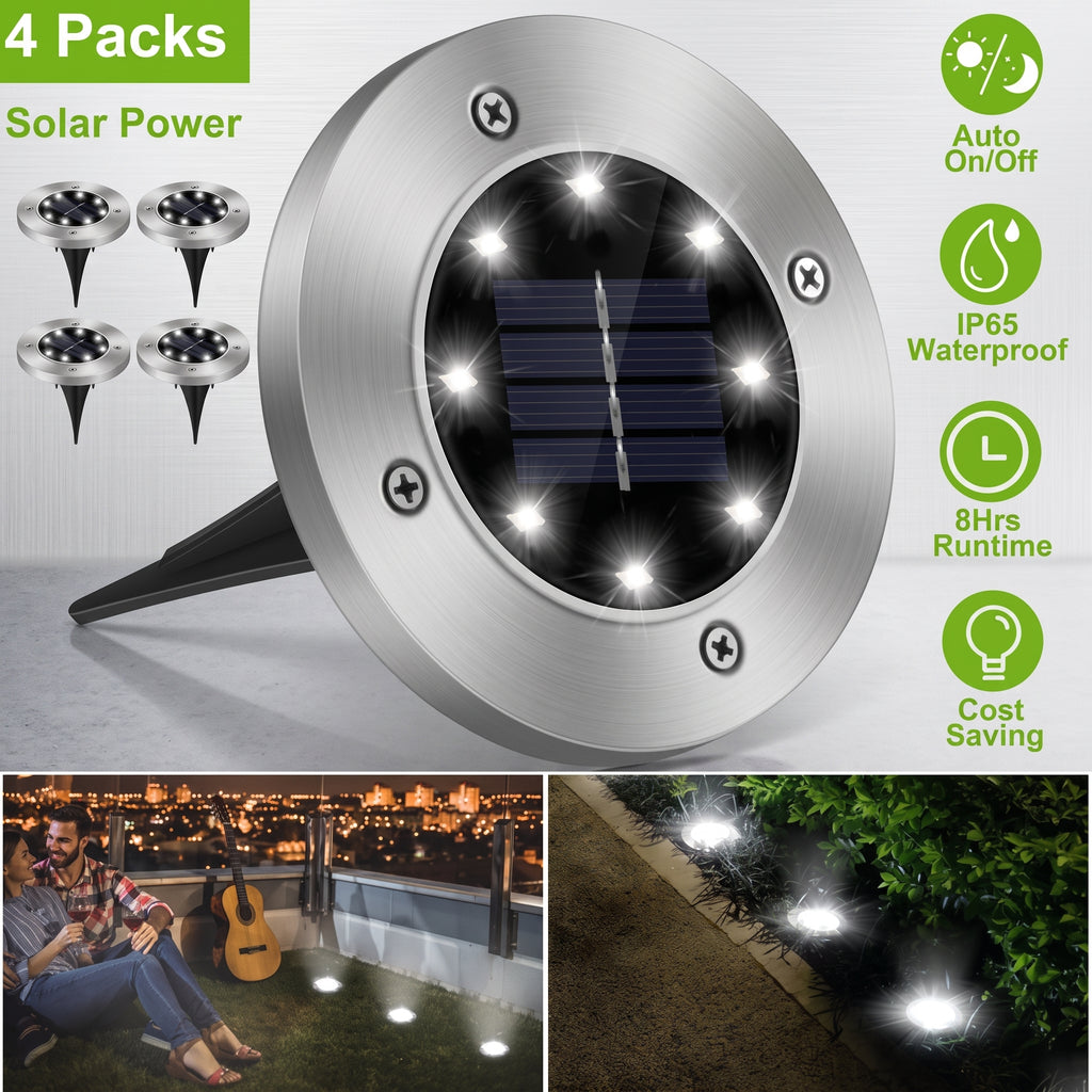 Four-pack of solar-powered outdoor landscape lights shown on a light gray background, with product features listed on the right and two lifestyle inset photos at the bottom showing the lights in use on a patio and garden.