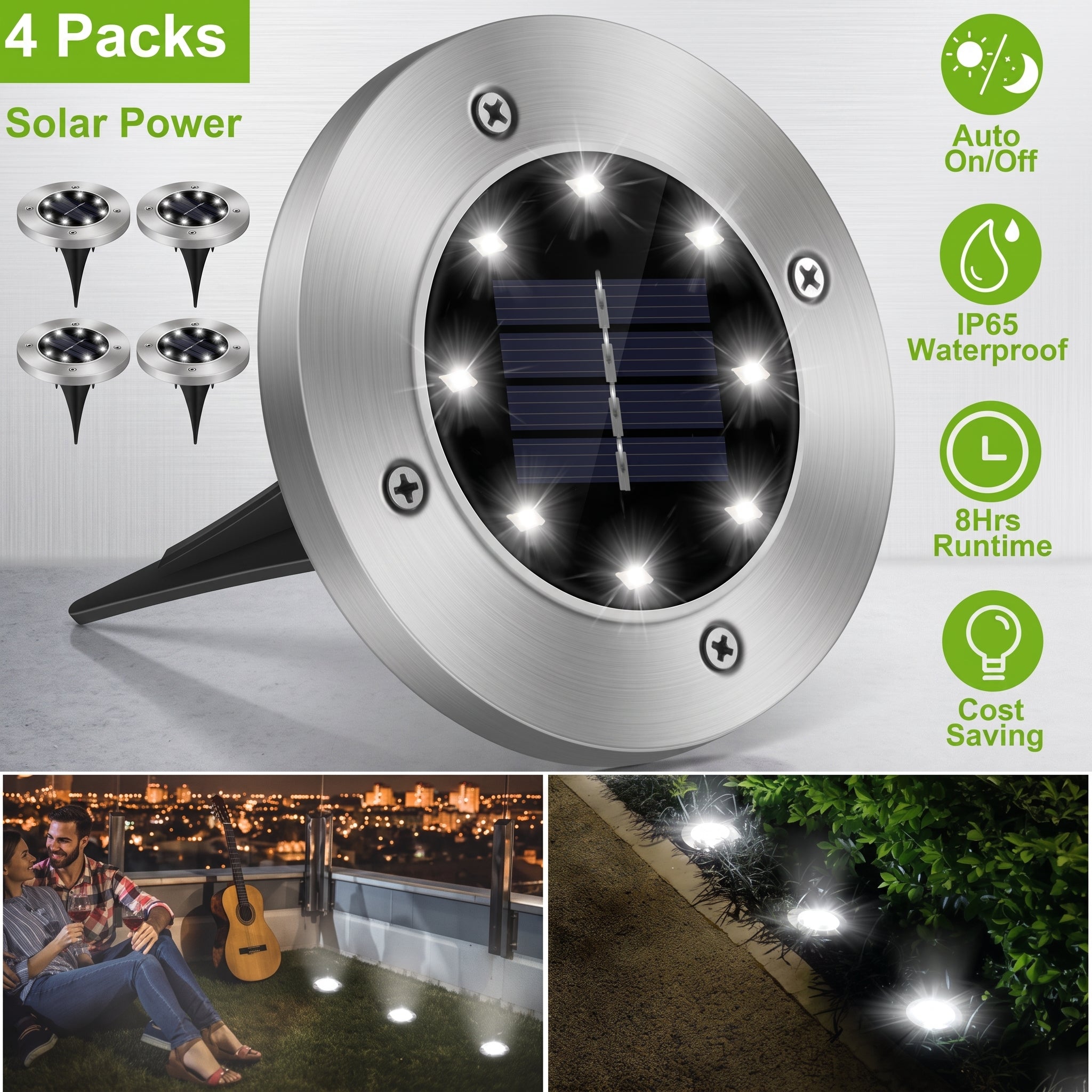 Four-pack of solar-powered outdoor landscape lights shown on a light gray background, with product features listed on the right and two lifestyle inset photos at the bottom showing the lights in use on a patio and garden.