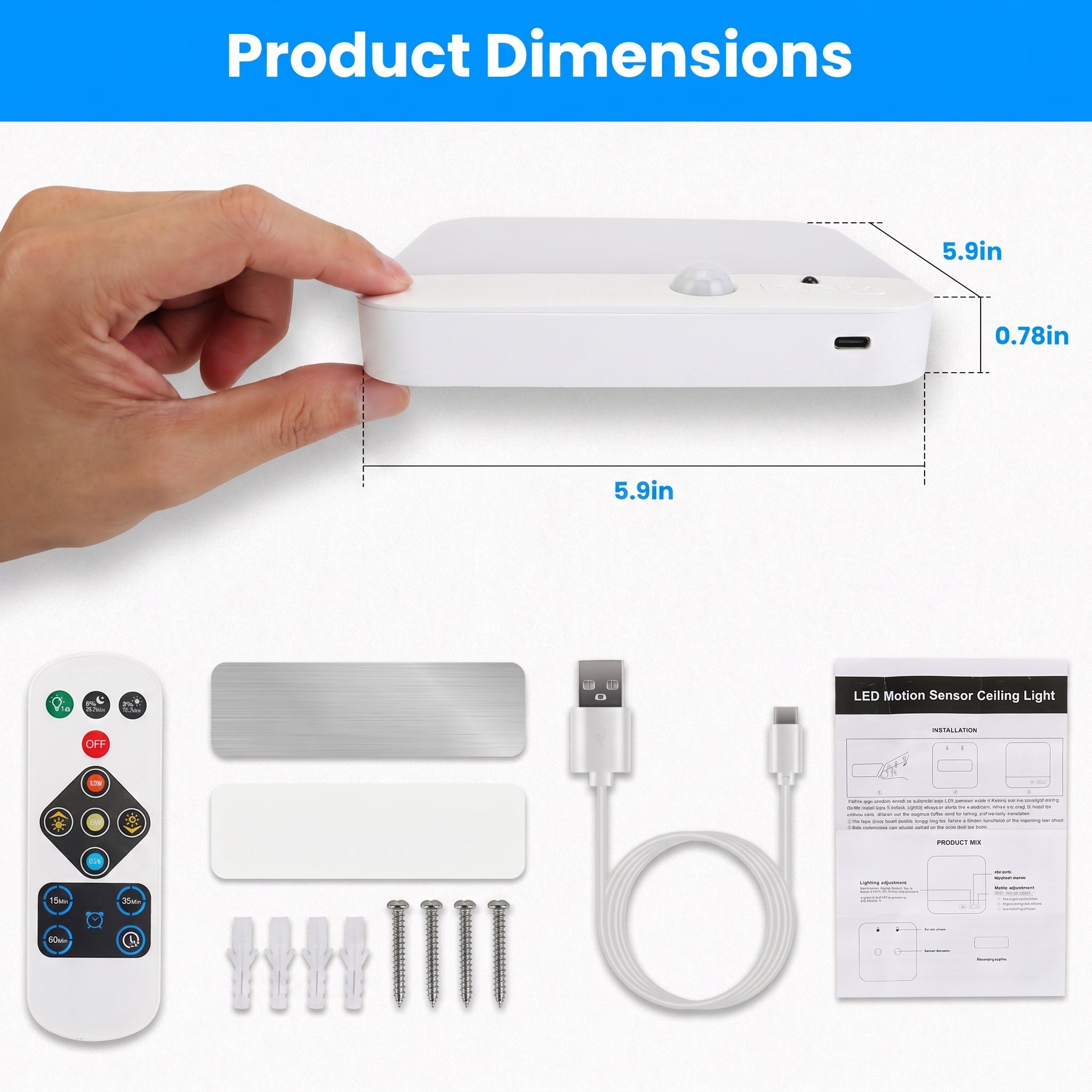 Product dimensions diagram showing a white ceiling light module being held by a hand, with labeled measurements 5.9in x 5.