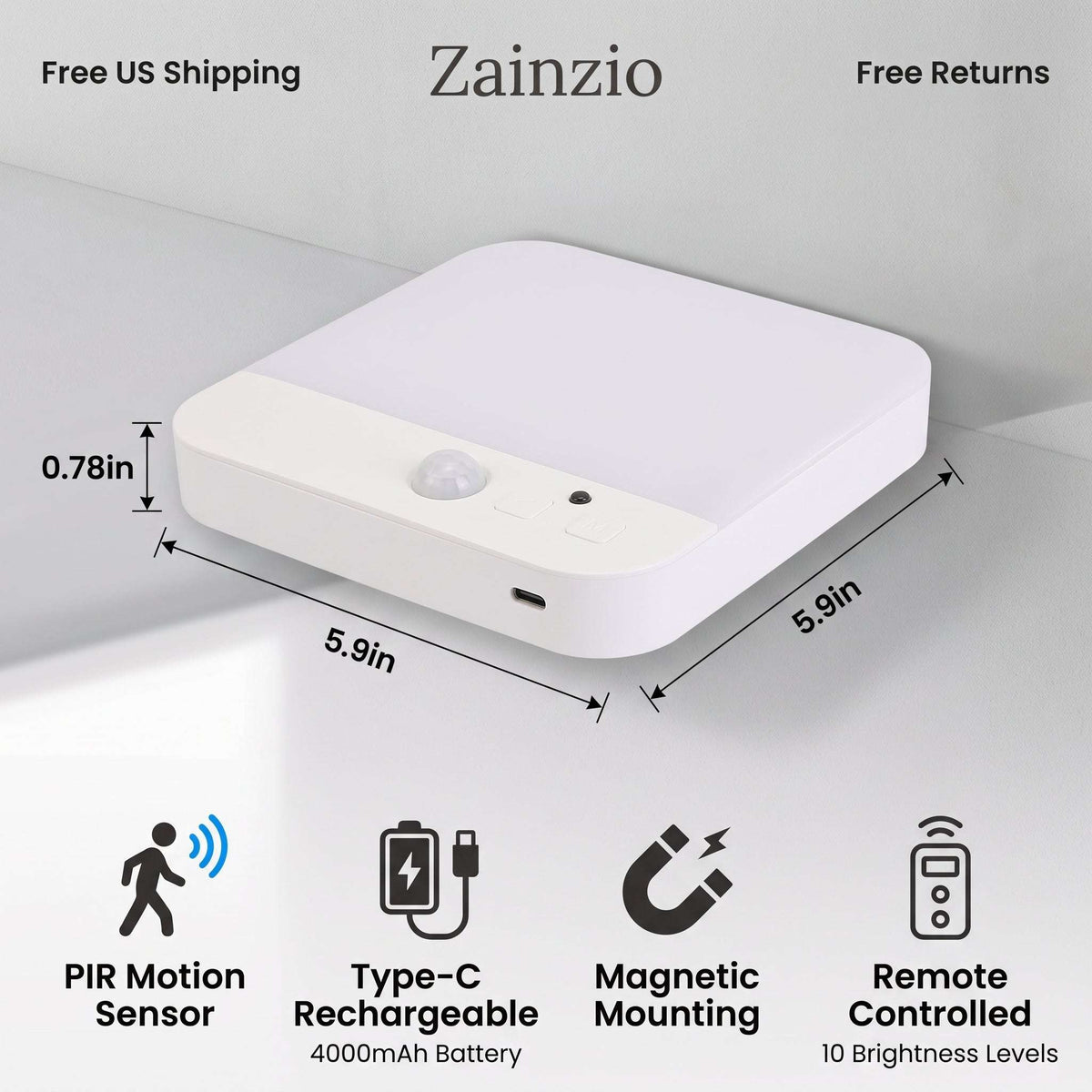 Zainzio square rechargeable motion sensor ceiling light with USB-C charging, remote control, and magnetic mounting.