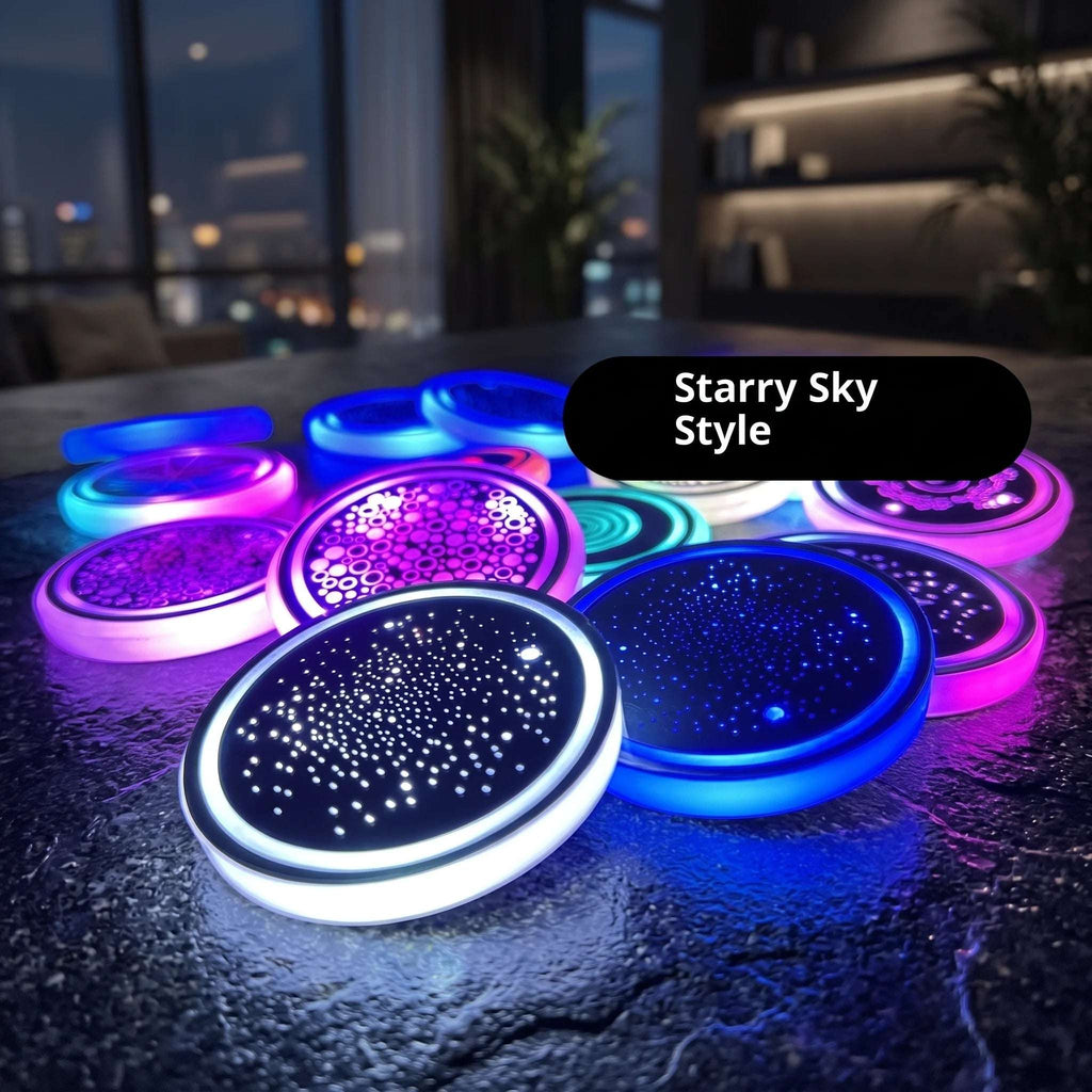 Assortment of Zainzio 7-color LED car cup holder coasters featuring Starry Sky designs glowing in multiple colors.