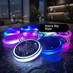 Assortment of Zainzio 7-color LED car cup holder coasters featuring Starry Sky designs glowing in multiple colors.