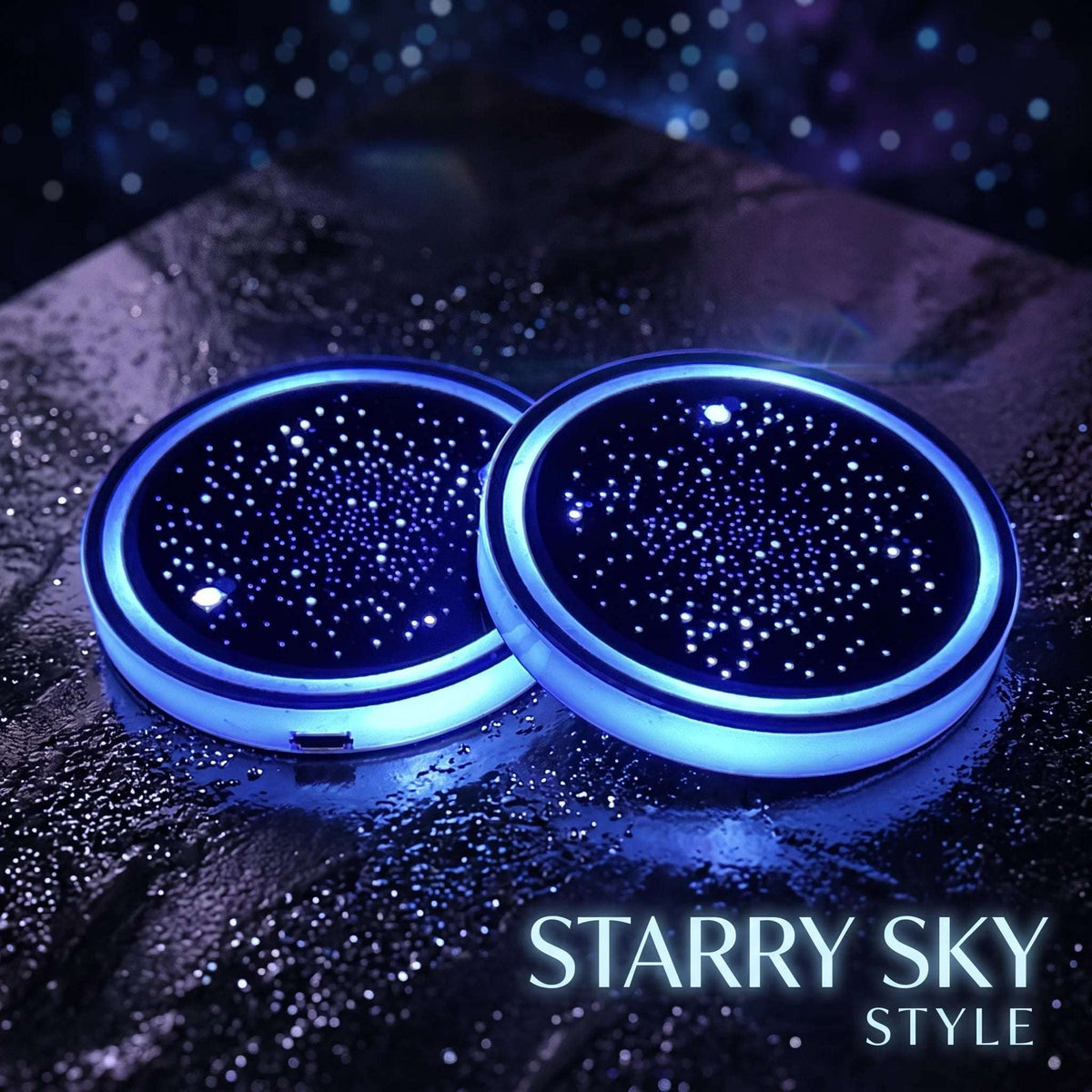 Zainzio Starry Sky Style LED car cup holder coasters illuminated with blue star-patterned ambient lighting.