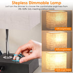A dimmer switch on a table lamp base with a hand turning it, alongside three inset panels showing the lamp glowing at 10%, 50%, and 100% brightness. Text at the top reads 'Stepless Dimmable Lamp.