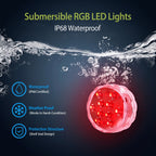 A promotional graphic for a submersible RGB LED light fixture. The product is shown glowing red underwater on the right, with a water splash across the top.