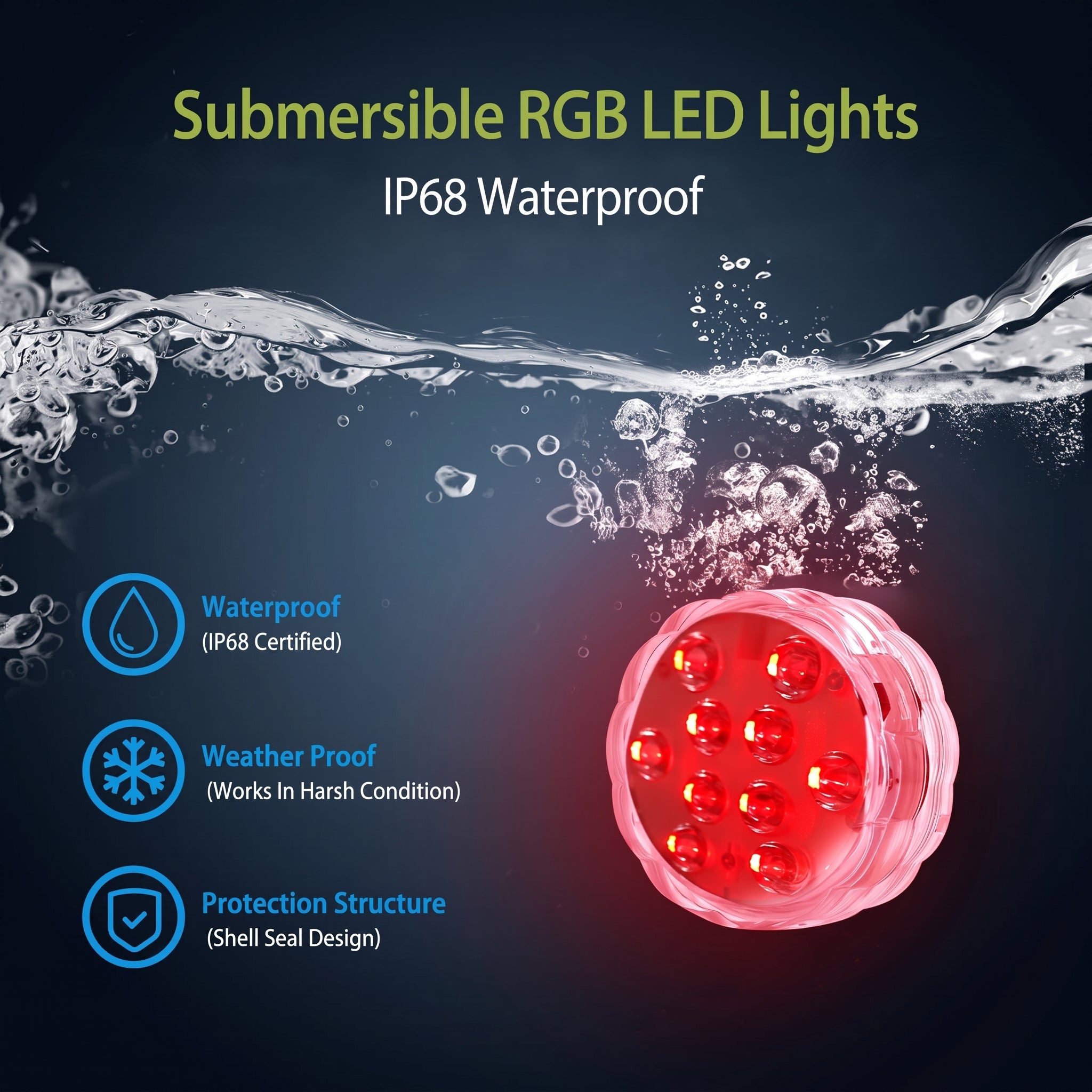 A promotional graphic for a submersible RGB LED light fixture. The product is shown glowing red underwater on the right, with a water splash across the top.