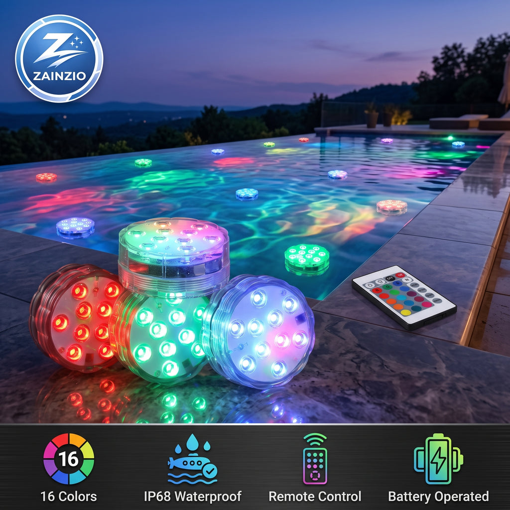 An inviting pool at night illuminated by colorful Zainzio submersible LED lights. Three lights and a remote are on the edge, showcasing features: 16 Colors, IP68 Waterproof, Remote Control, Battery Operated.