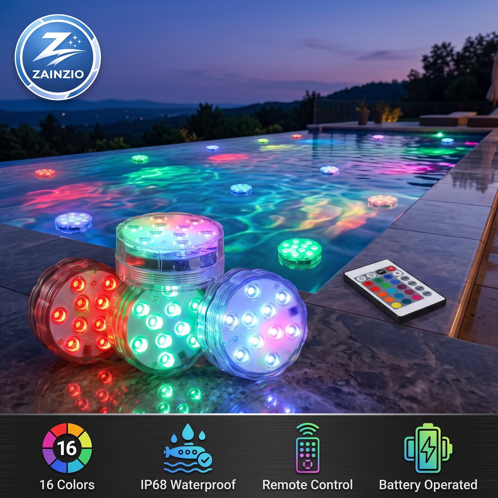 An inviting pool at night illuminated by colorful Zainzio submersible LED lights. Three lights and a remote are on the edge, showcasing features: 16 Colors, IP68 Waterproof, Remote Control, Battery Operated.