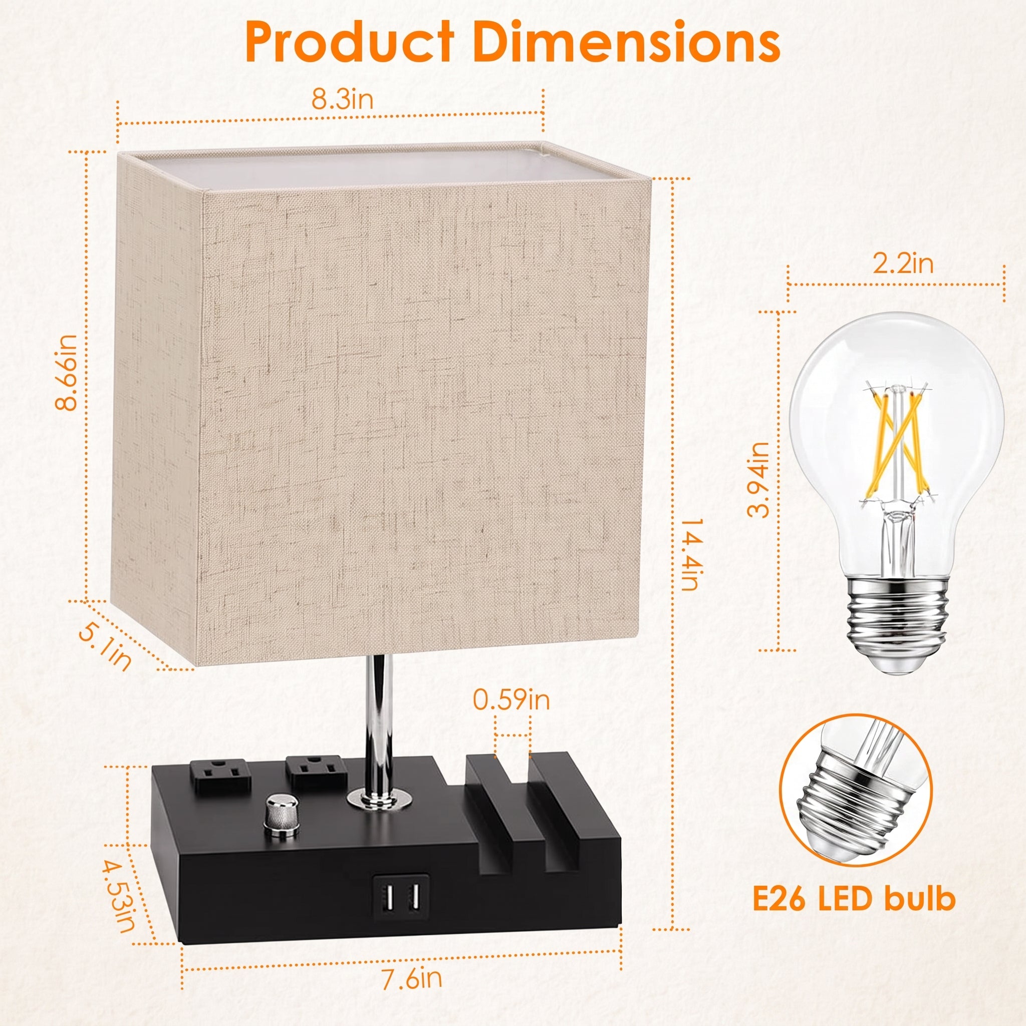 Product dimensions diagram of a modern table lamp with a beige linen-textured square shade, a black multi-port USB base, and a clear E26 LED bulb shown with dimension callouts on a light beige background.