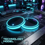 Zainzio Technology Model LED car cup holder coasters glowing with cyan light on a circuit board surface.