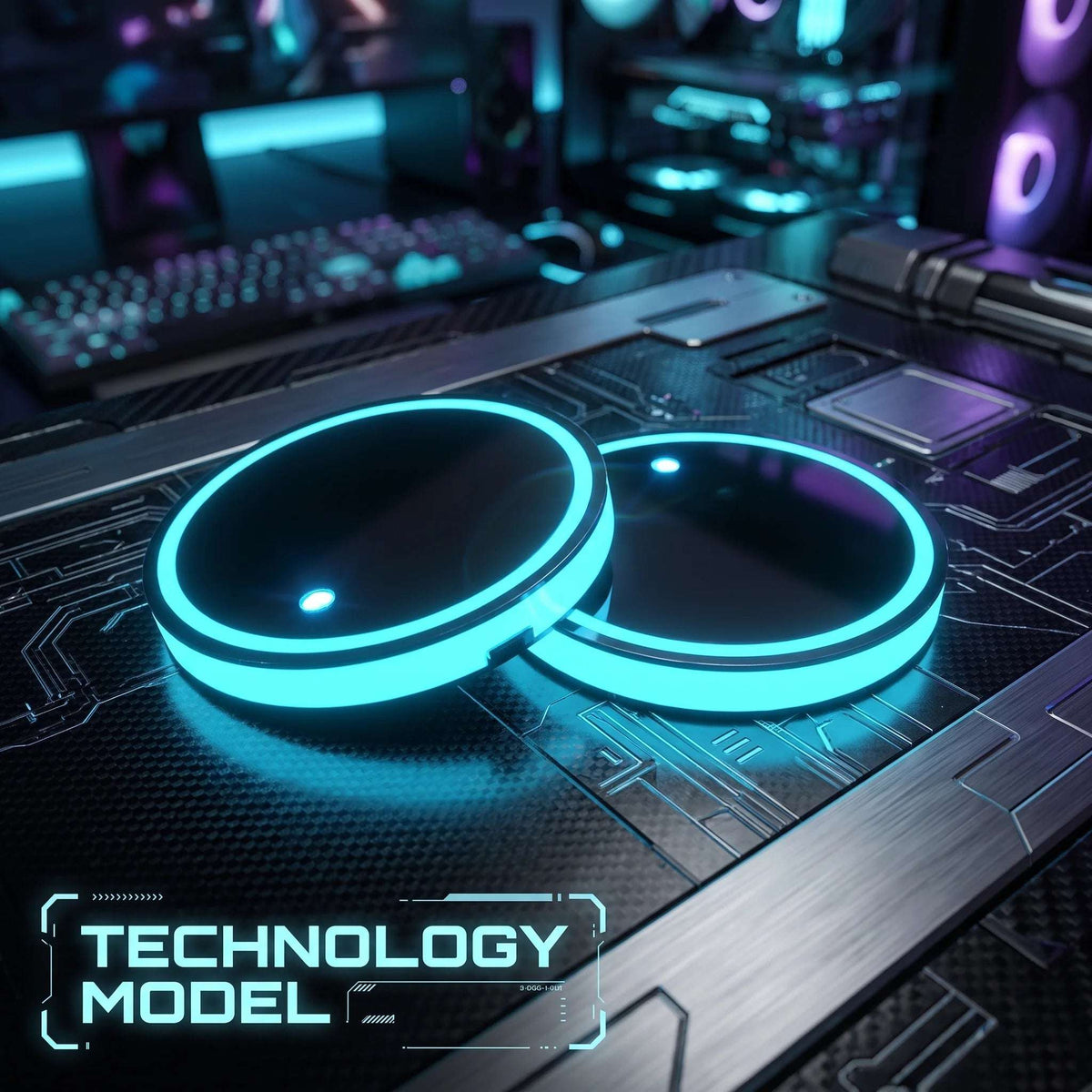 Zainzio Technology Model LED car cup holder coasters glowing with cyan light on a circuit board surface.