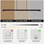 Lighting feature comparison graphic showing a linear pendant light under warm, neutral, and cool white light options, with a color temperature slider and compatibility notes for dimmable switches and remote control.