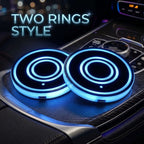 Zainzio Two Rings Style LED car cup holder coasters displaying dual blue concentric light rings inside a car interior.