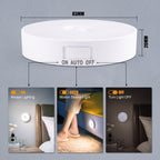 A white circular ceiling light sensor lamp shown with dimension labels (83mm diameter, 20mm height) and three small lifestyle inset photos demonstrating on/off and motion sensor lighting in a bedroom setting.