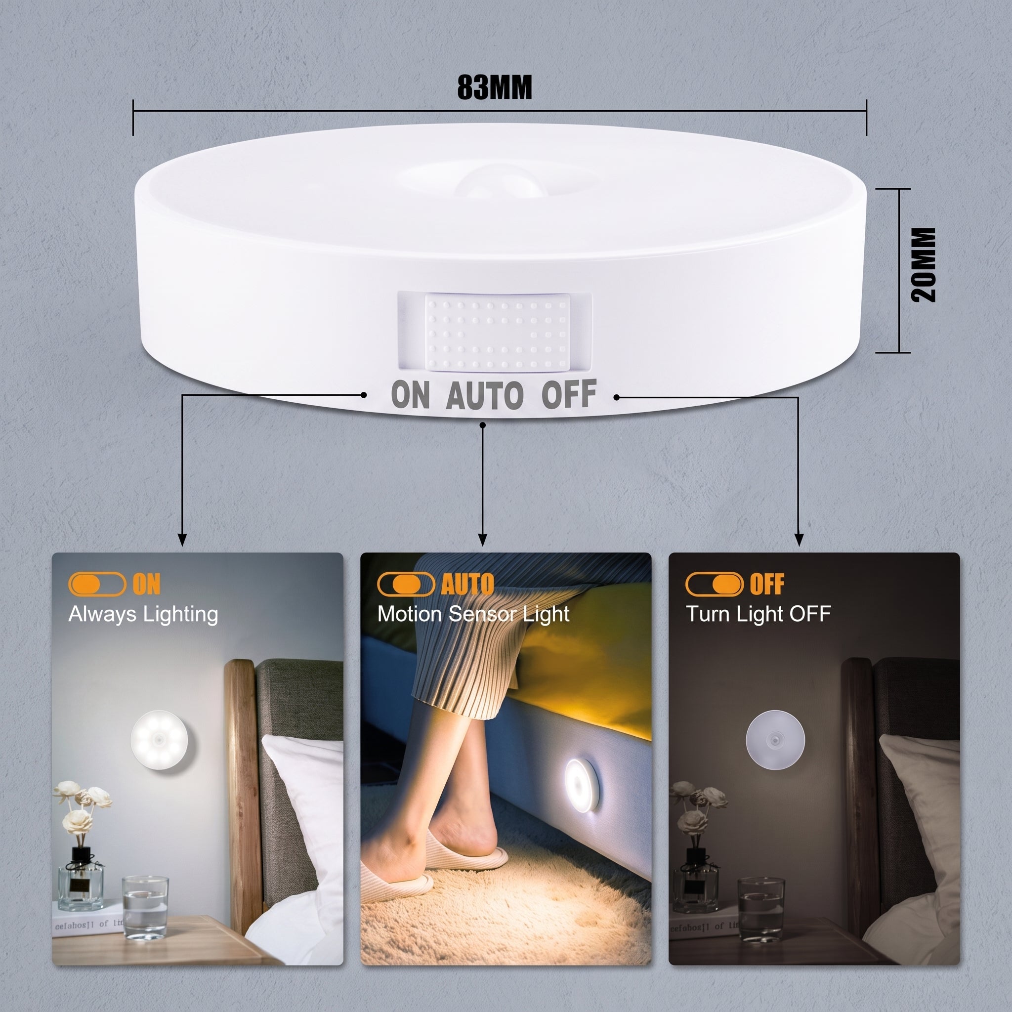 A white circular ceiling light sensor lamp shown with dimension labels (83mm diameter, 20mm height) and three small lifestyle inset photos demonstrating on/off and motion sensor lighting in a bedroom setting.