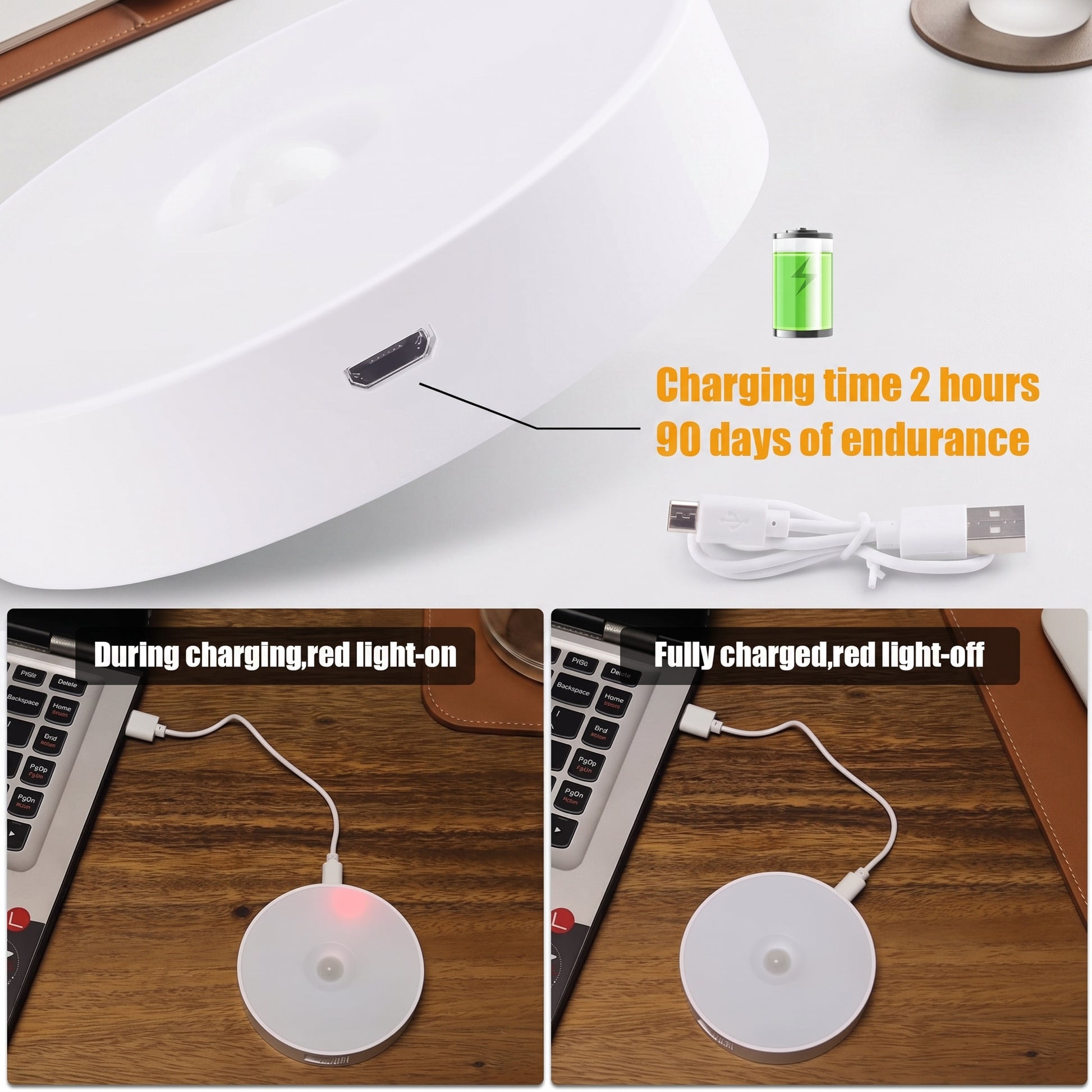 A white circular wireless charging pad shown in a close-up and in use on a wooden desk with a laptop. Text overlays state 'Charging time 2 hours 90 days of endurance' and show the charging light on during charging and off when fully charged.