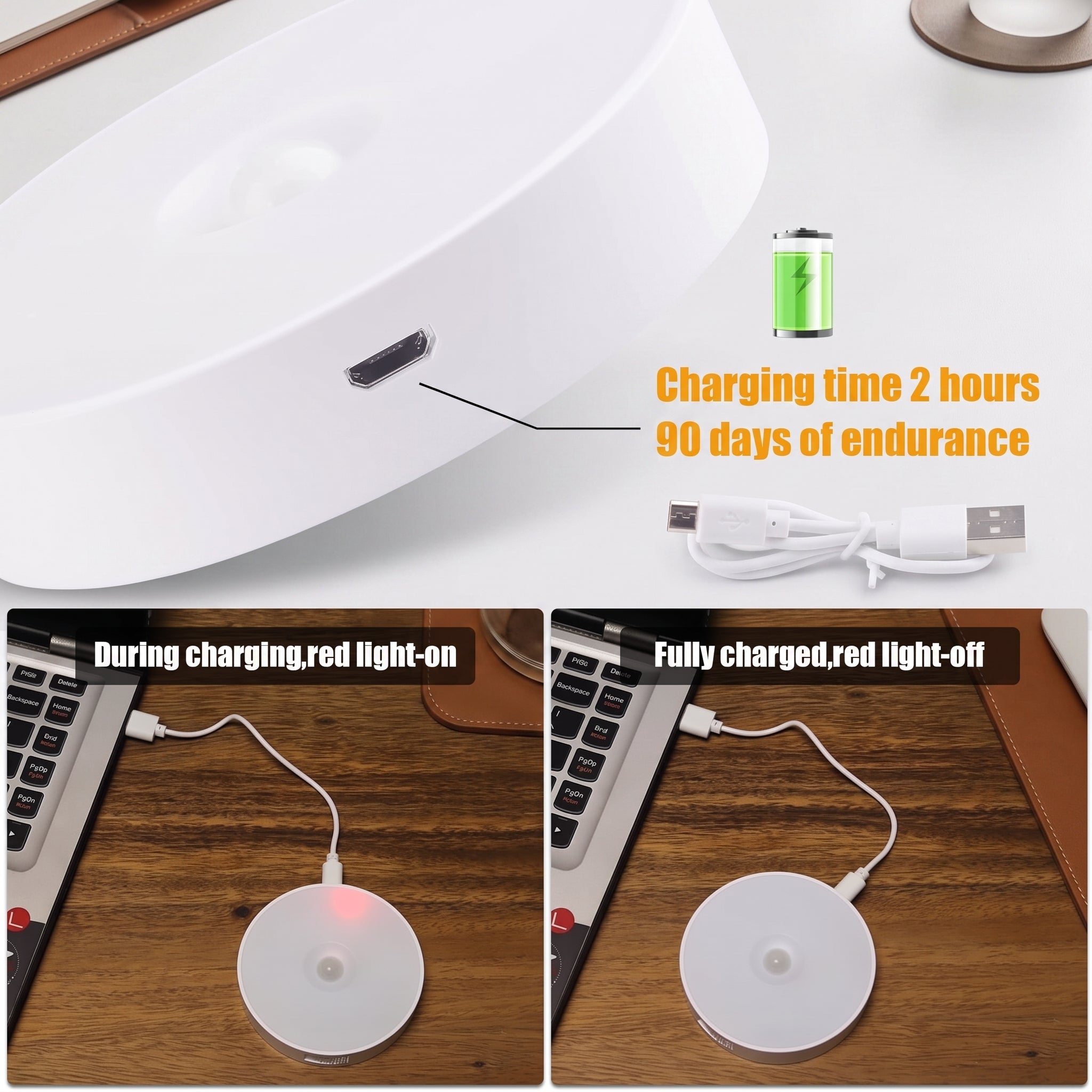 A white circular wireless charging pad shown in a close-up and in use on a wooden desk with a laptop. Text overlays state 'Charging time 2 hours 90 days of endurance' and show the charging light on during charging and off when fully charged.