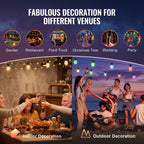 A promotional graphic for string light decorations showing the text 'FABULOUS DECORATION FOR DIFFERENT VENUES' above six circular usage examples: Garden, Restaurant, Food Truck, Christmas Tree, Wedding, and Party. Below, two larger photos demonstrate indoor and outdoor string light setups at dusk, with people dining and playing music by the water.