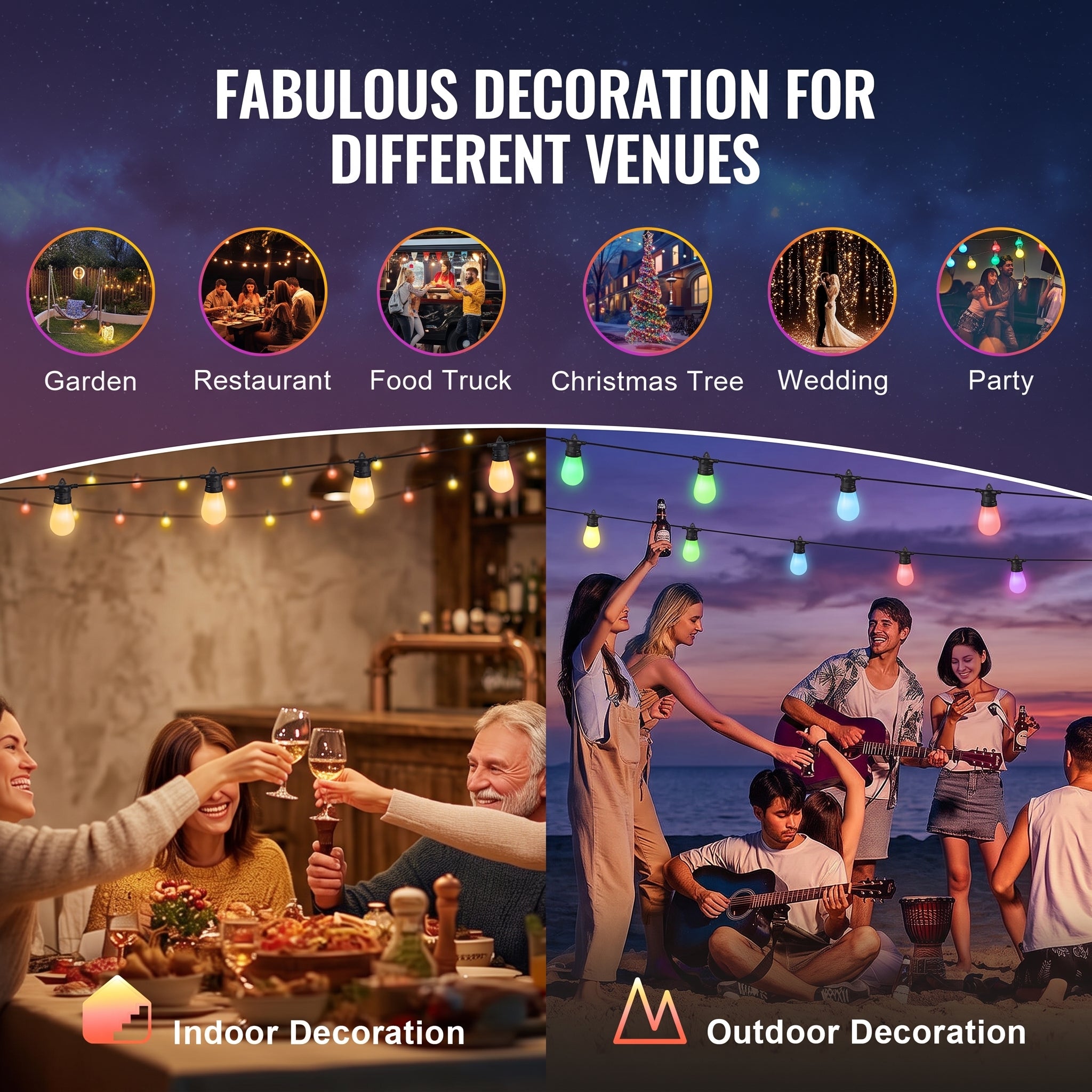 A promotional graphic for string light decorations showing the text 'FABULOUS DECORATION FOR DIFFERENT VENUES' above six circular usage examples: Garden, Restaurant, Food Truck, Christmas Tree, Wedding, and Party. Below, two larger photos demonstrate indoor and outdoor string light setups at dusk, with people dining and playing music by the water.