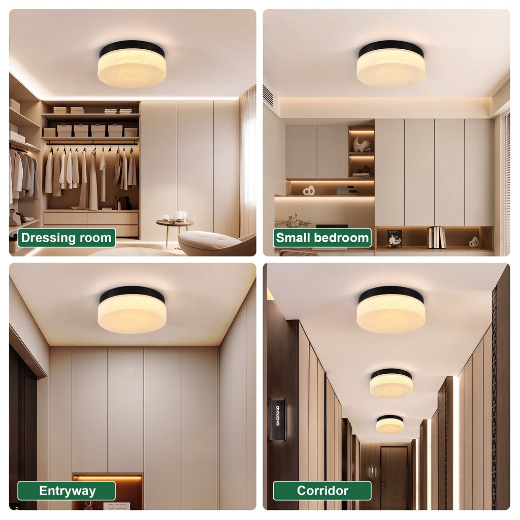 A four-panel collage showing a flush-mount ceiling light in different real interior settings: dressing room, small bedroom, entryway, and corridor. Each panel shows the light mounted on the ceiling and its warm white illumination.