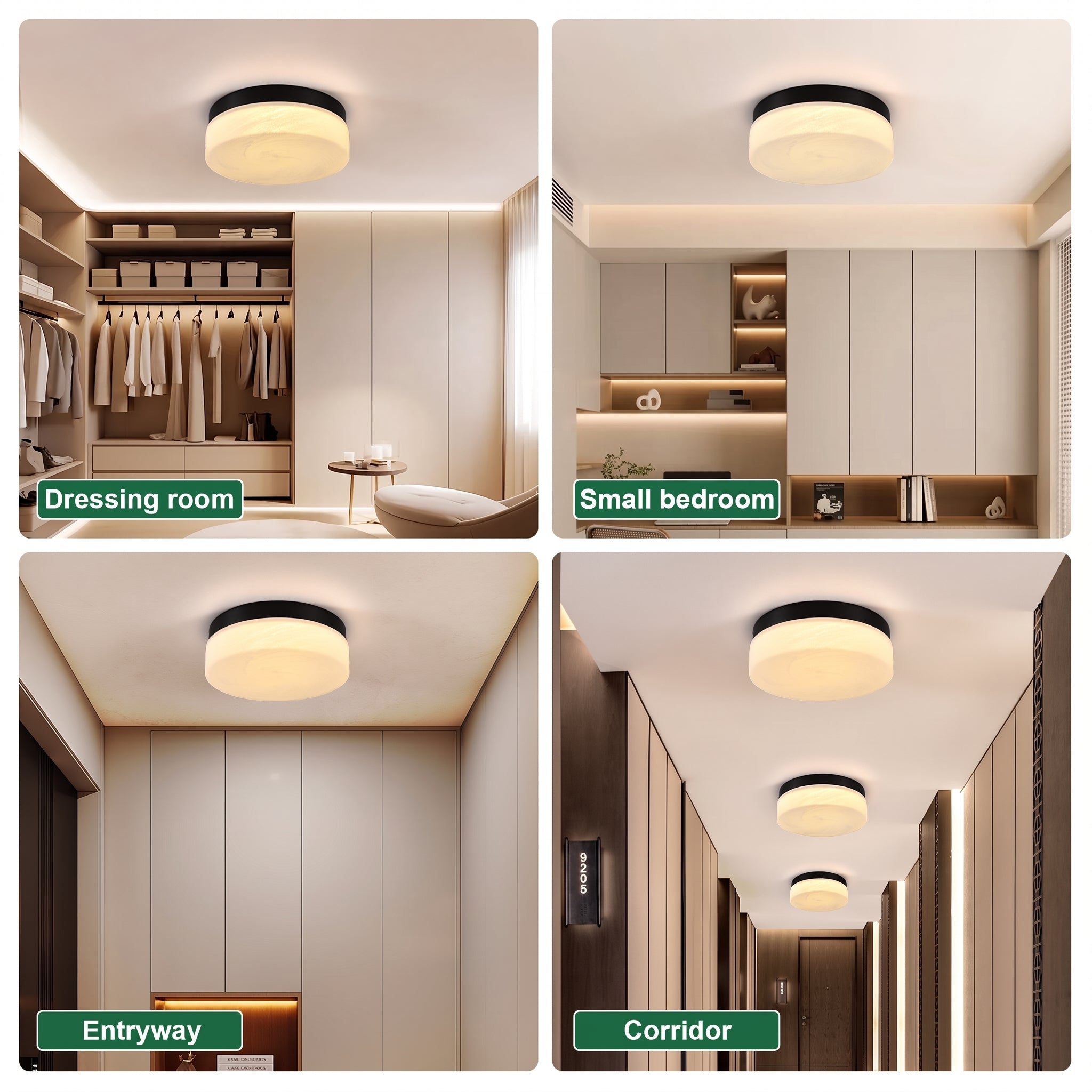 A four-panel collage showing a flush-mount ceiling light in different real interior settings: dressing room, small bedroom, entryway, and corridor. Each panel shows the light mounted on the ceiling and its warm white illumination.