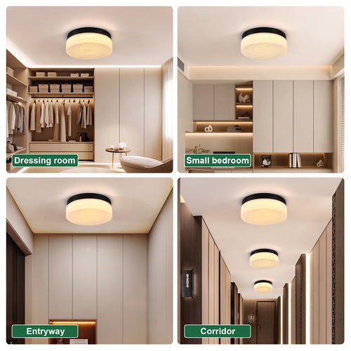 A four-panel collage showing a flush-mount ceiling light in different real interior settings: dressing room, small bedroom, entryway, and corridor. Each panel shows the light mounted on the ceiling and its warm white illumination.