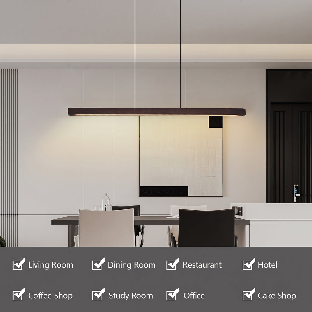 A modern linear LED pendant light with a dark wood-look frame hangs over a dining table in a minimalist interior. The image includes a dark gray banner at the bottom listing use cases such as Living Room, Dining Room, Restaurant, Hotel, Coffee Shop, Study Room, Office, and Cake Shop.