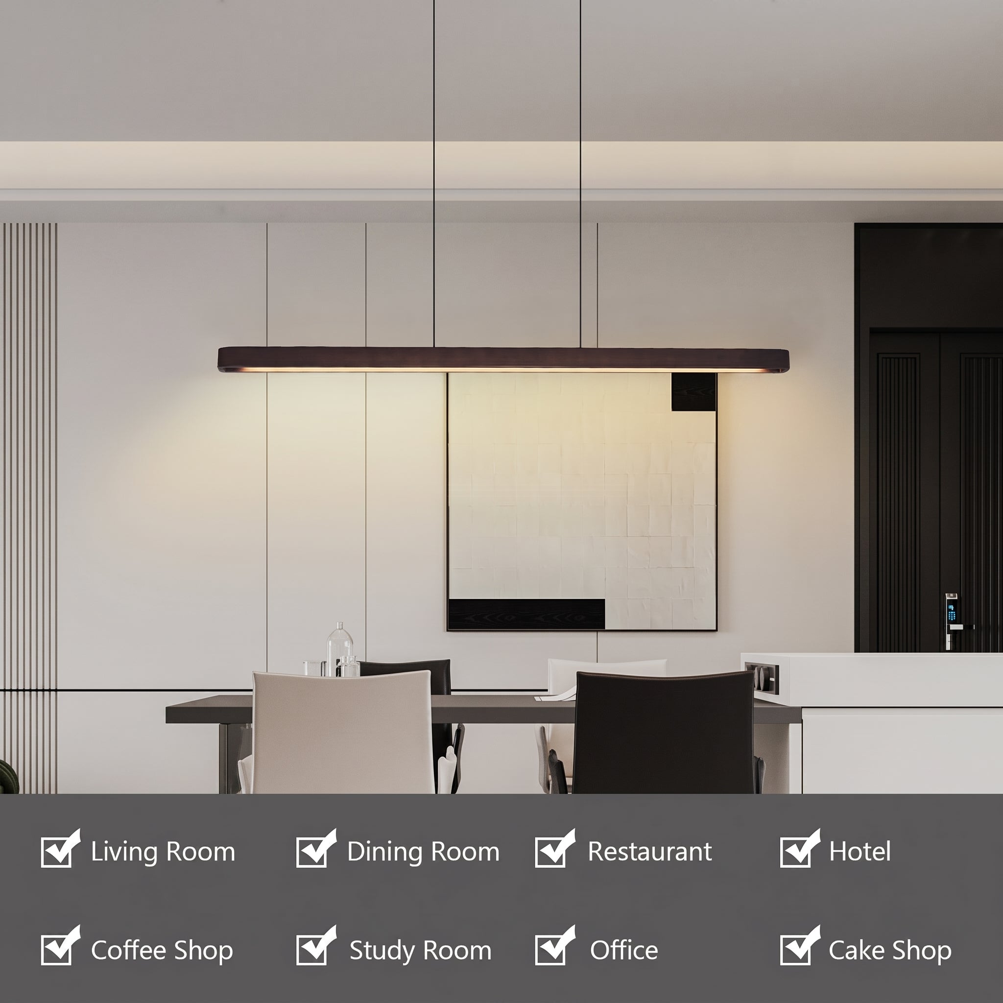 A modern linear LED pendant light with a dark wood-look frame hangs over a dining table in a minimalist interior. The image includes a dark gray banner at the bottom listing use cases such as Living Room, Dining Room, Restaurant, Hotel, Coffee Shop, Study Room, Office, and Cake Shop.