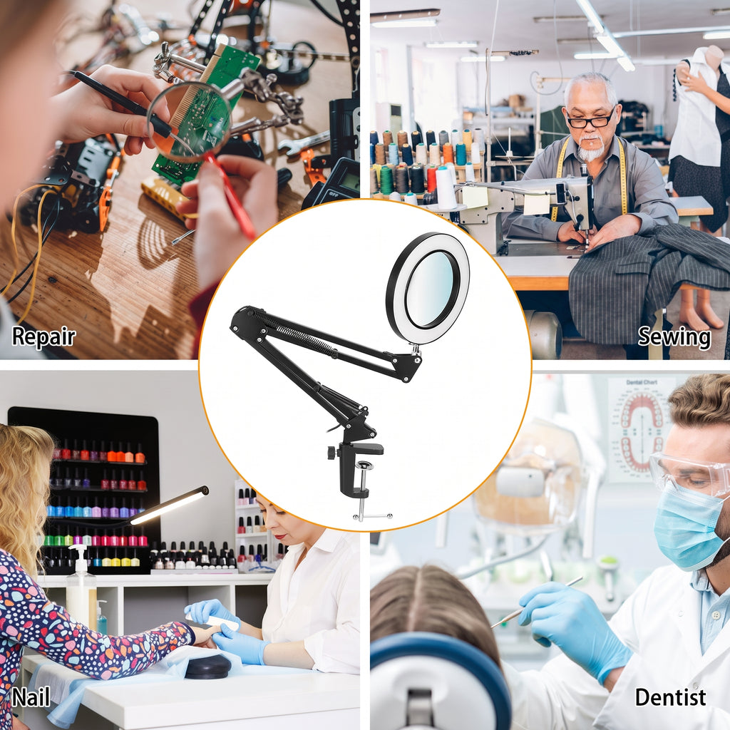 A collage showing a black adjustable clamp-style magnifying lamp in the center, surrounded by four lifestyle scenes: a person repairing an electronic circuit, a man sewing, a nail salon worker using a lamp, and a dentist working on a patient. The central product is isolated on a white background with a thin orange ring behind it.