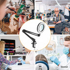 A collage showing a black adjustable clamp-style magnifying lamp in the center, surrounded by four lifestyle scenes: a person repairing an electronic circuit, a man sewing, a nail salon worker using a lamp, and a dentist working on a patient. The central product is isolated on a white background with a thin orange ring behind it.